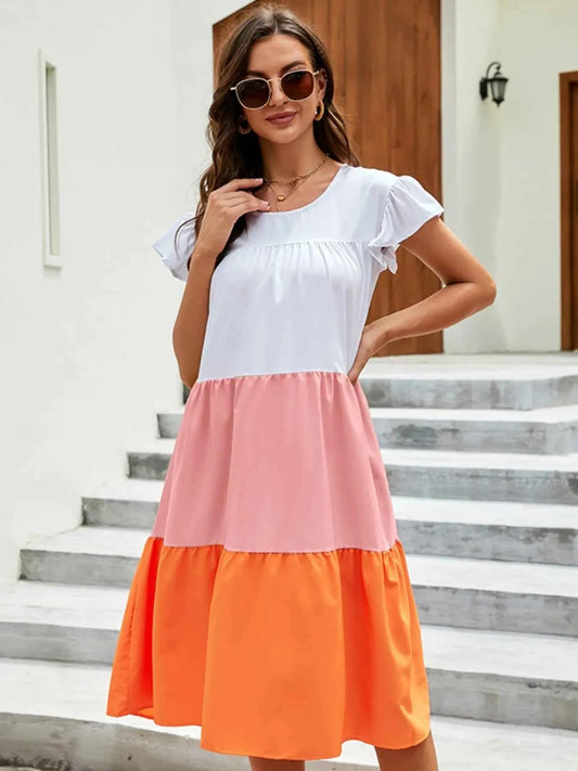 Plus Size Color Block Tiered Ruffle Summer Dress