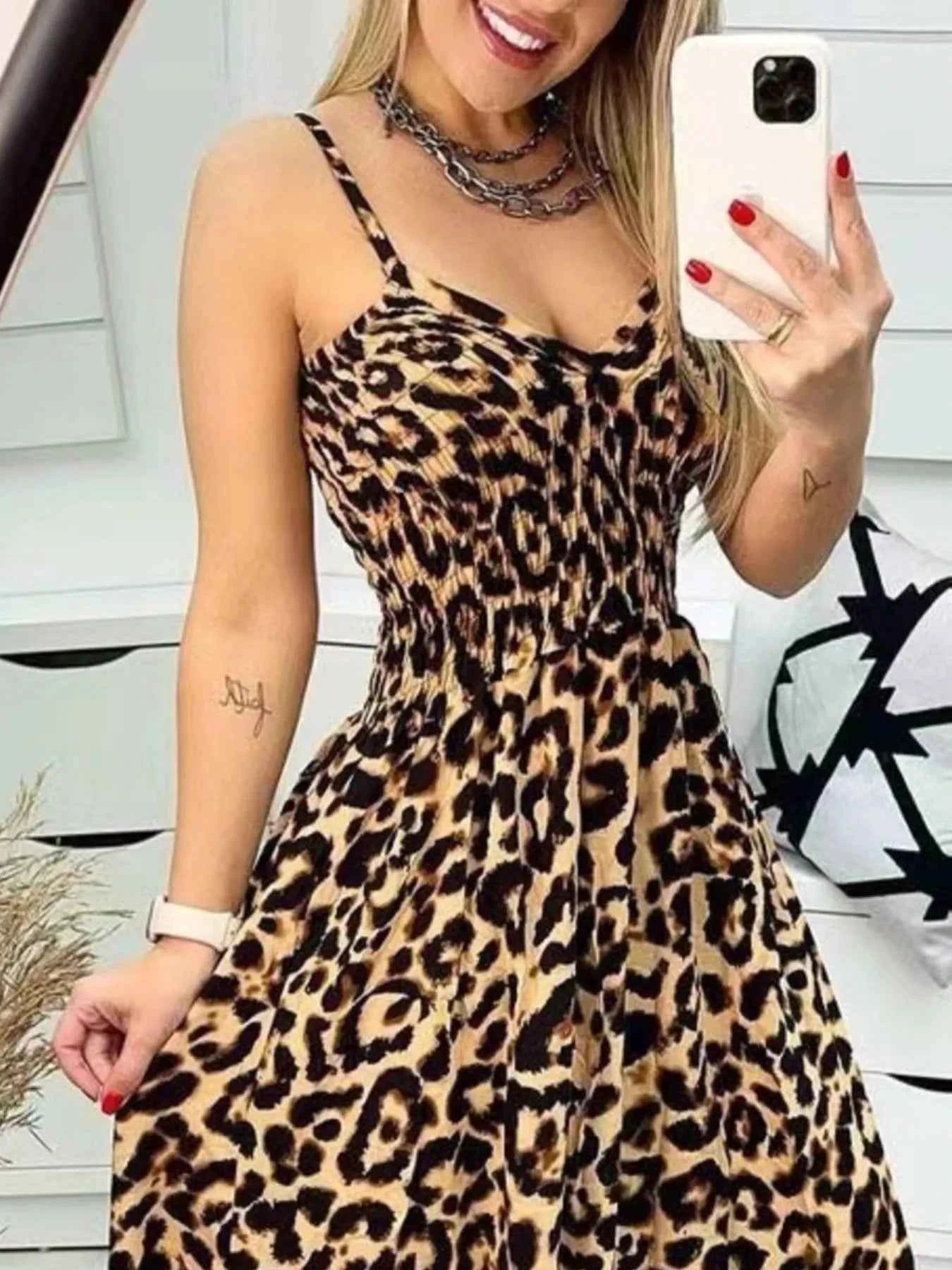Full Size Leopard Print Spaghetti Strap Maxi Dress Plus Size
