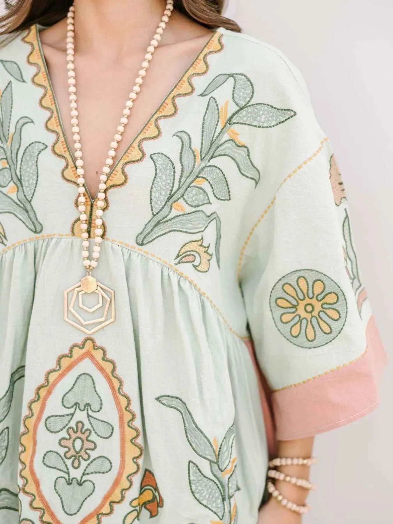 Printed V-Neck Kimono Sleeve Mini Dress