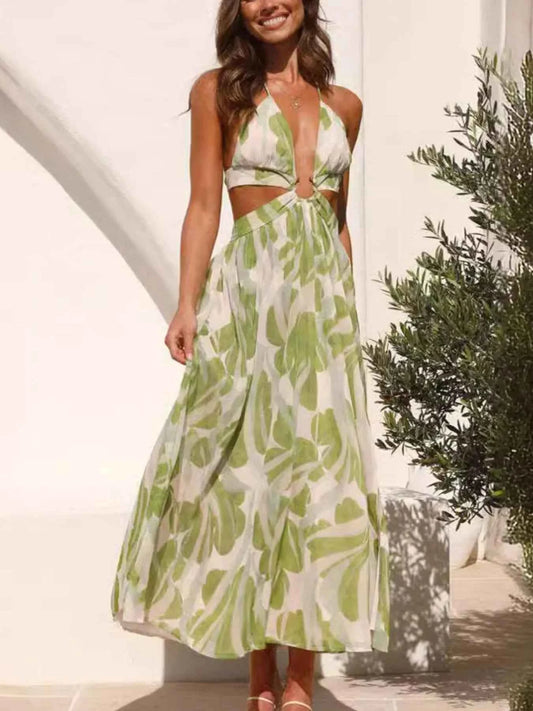 Tropical Print Backless Maxi Sleeveless Dress