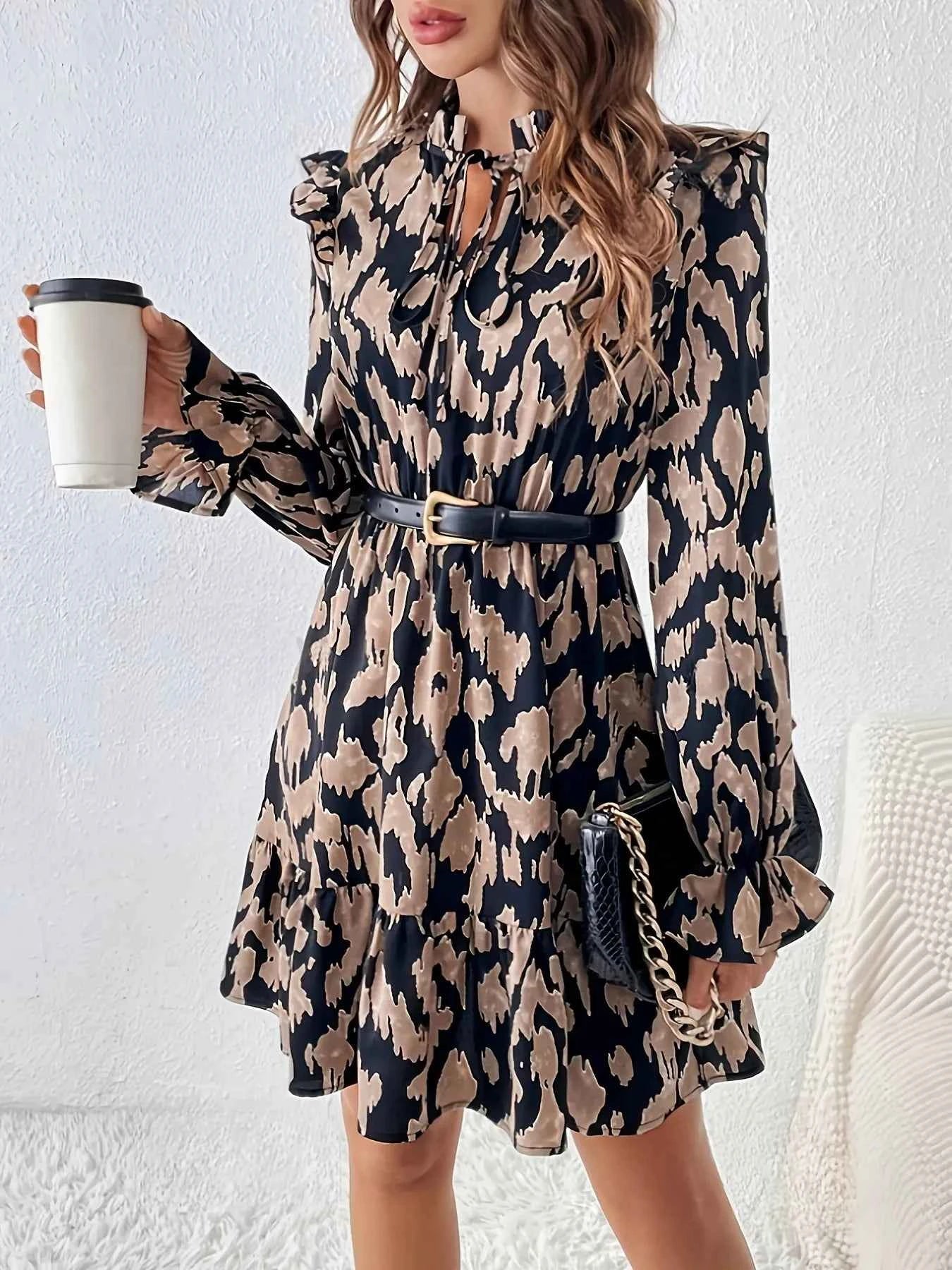 Tie Neck Flounce Sleeve Dress