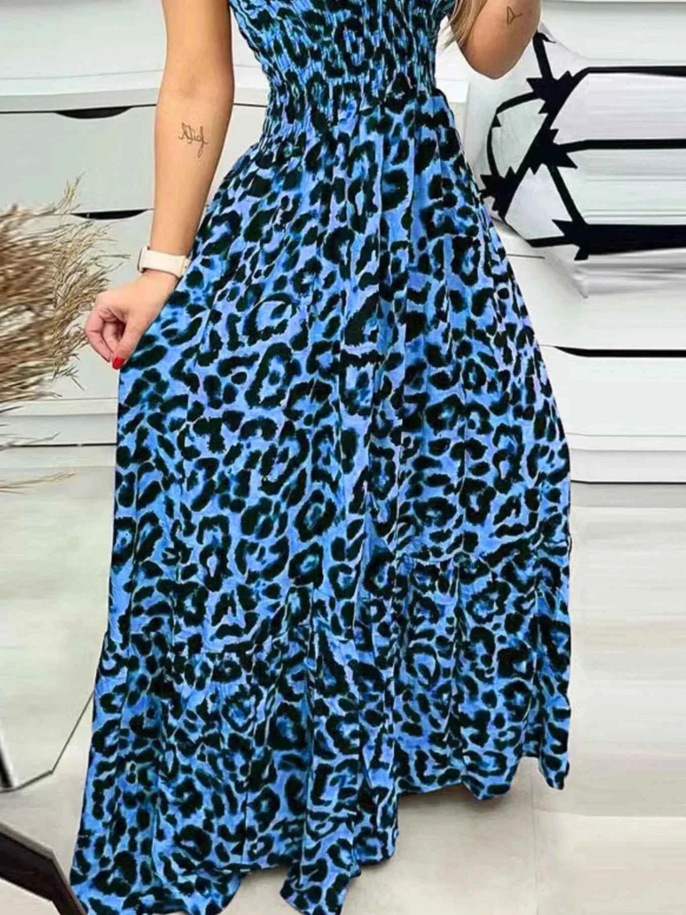 Full Size Leopard Print Spaghetti Strap Maxi Dress Plus Size