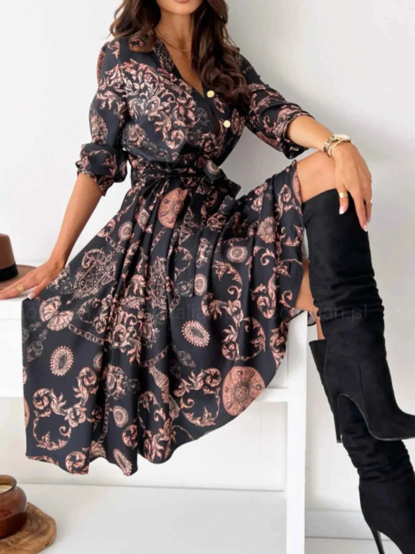 Printed Tie Waist Midi Dress