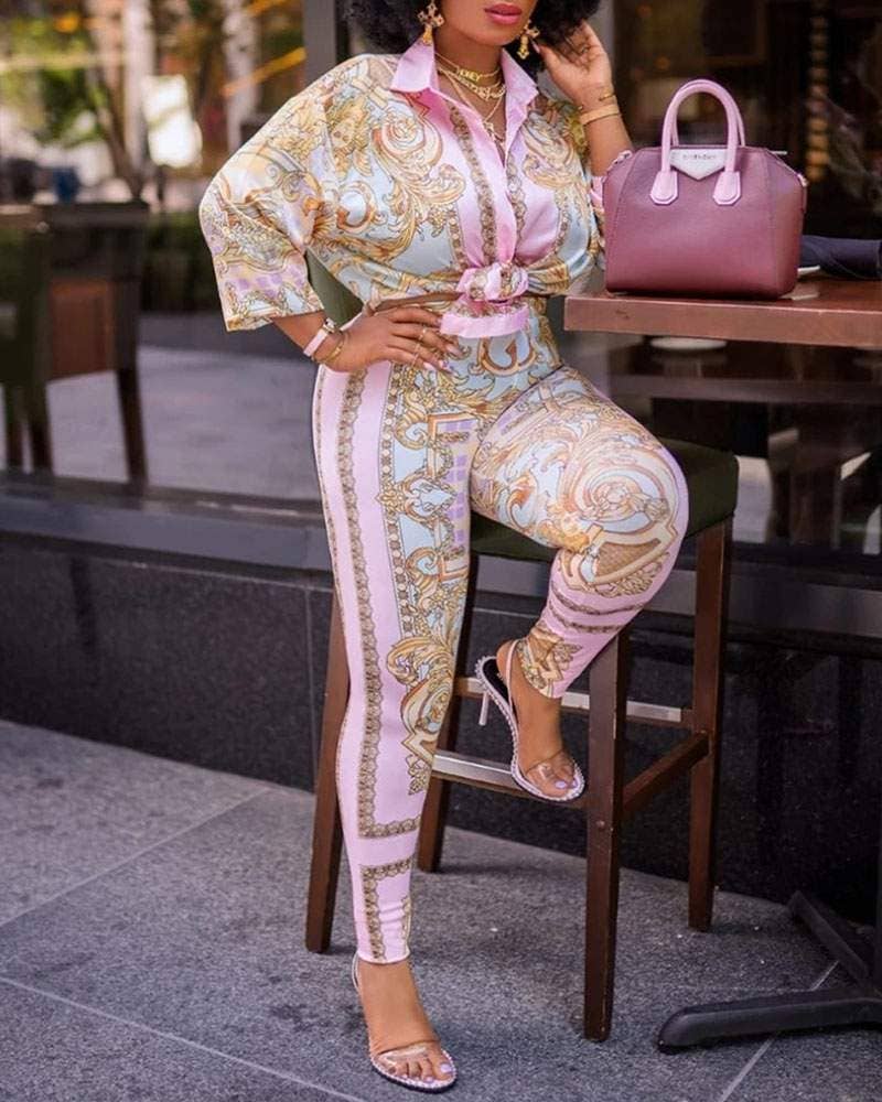 Print lantern sleeve top high waist pants set