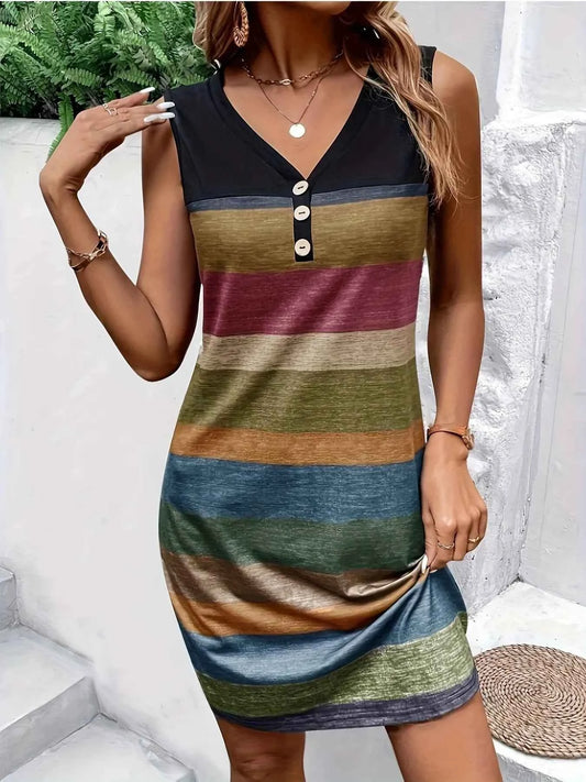 Color Block Sleeveless V-Neck Tank Dress