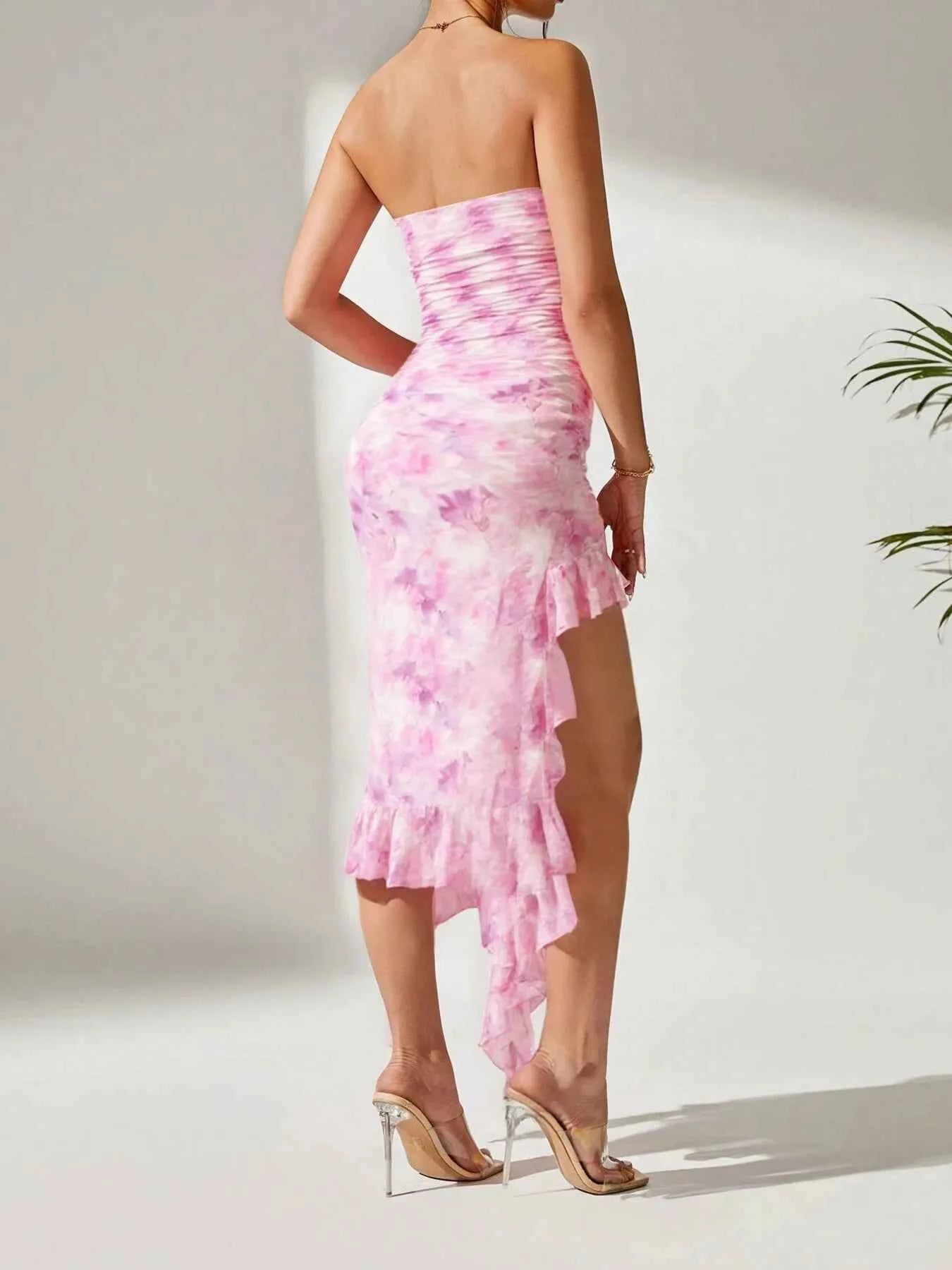 Tie-Dye Strapless Ruffle Hem Dress