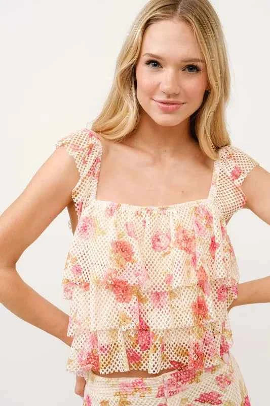 And The Why Tiered Ruffled Floral Fishnet Top