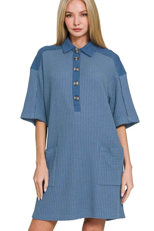 Zenana Waffle Half-Button Dress with Pocket