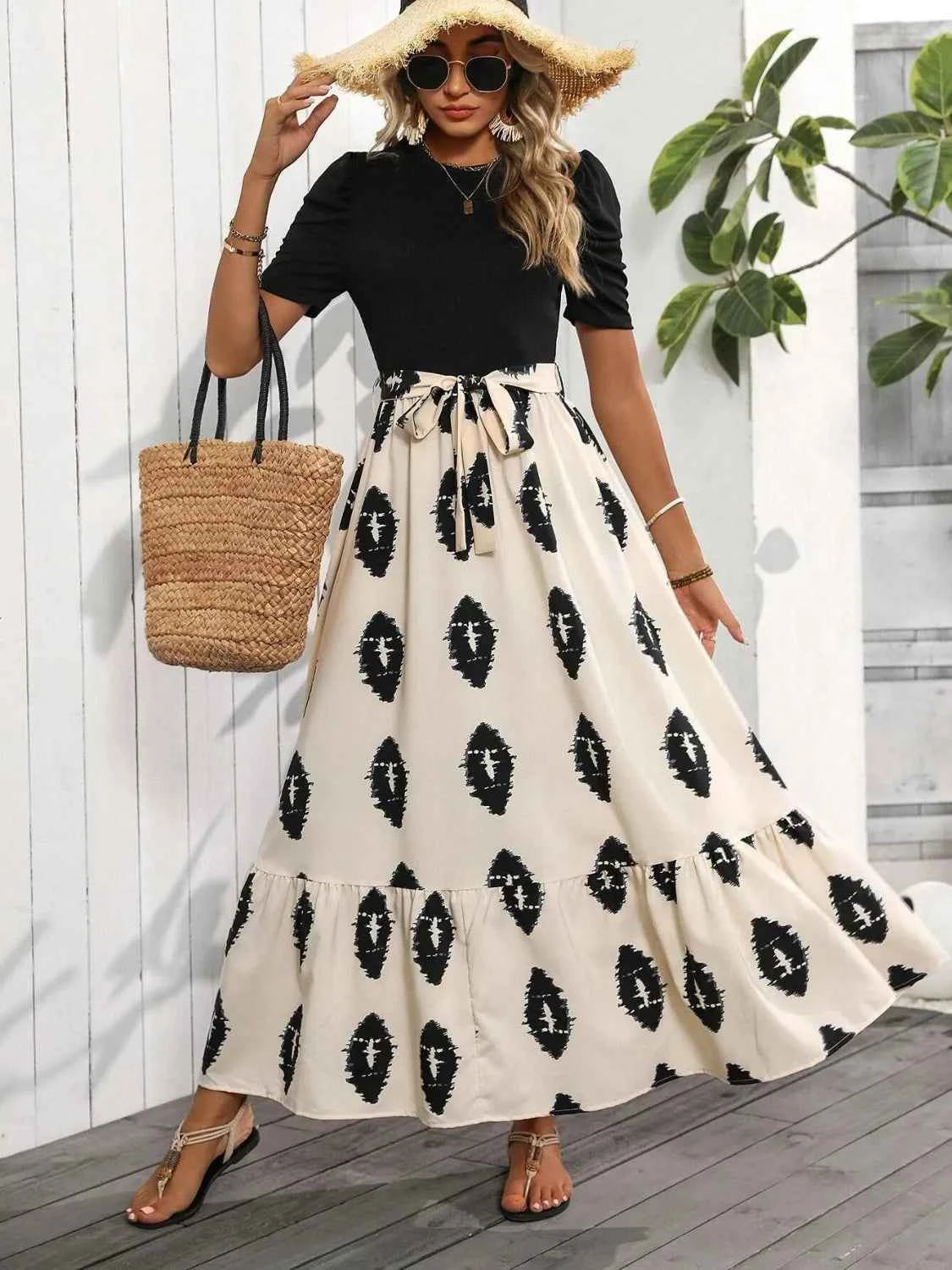 Printed Tie Waist Short Sleeve Maxi Dress