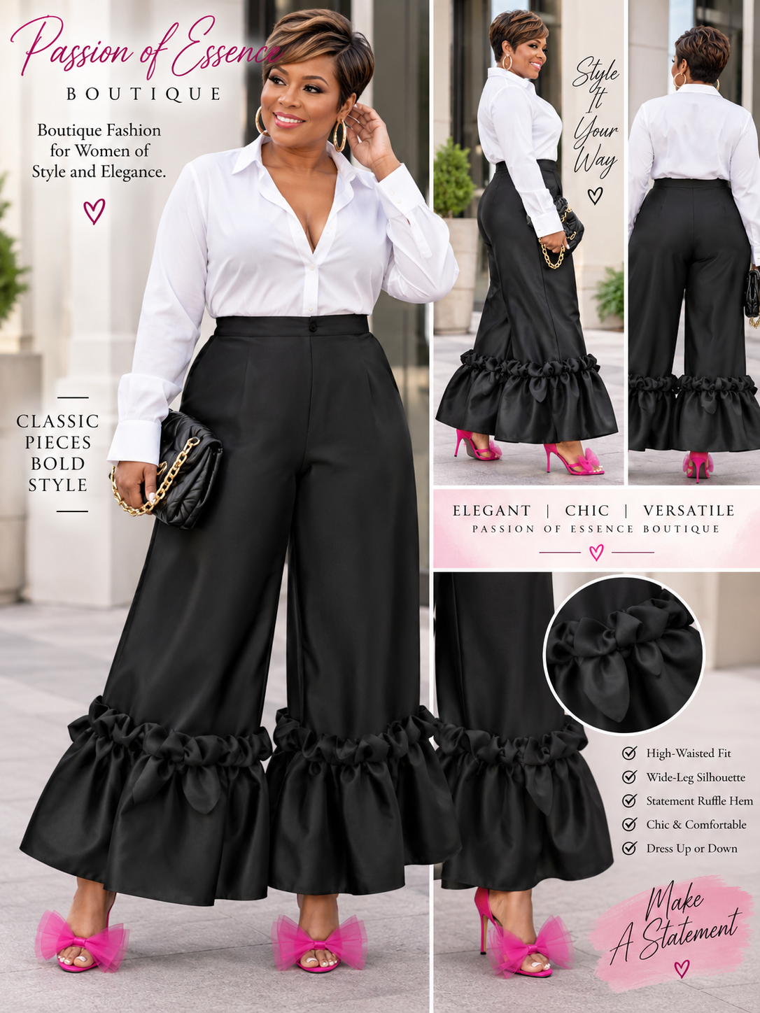 Plus Size Black High-Waist Wide-Leg Statement Ruffle Pants 1X–3X