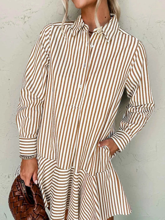 Stripe Ruffled Hem Collared Long Sleeve Shirt Mini Dress