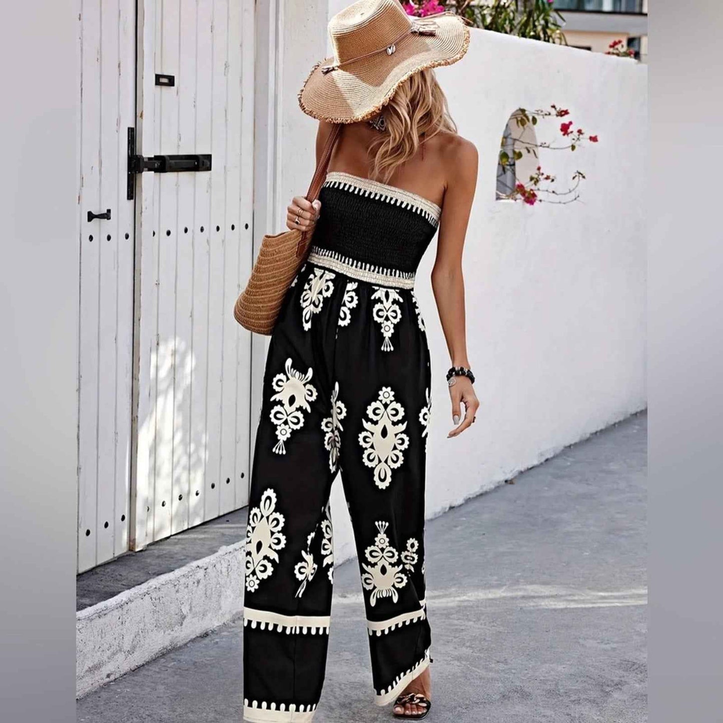 Plus Size BOHO Tube Jumpsuit, Casual Strapless Wide Leg