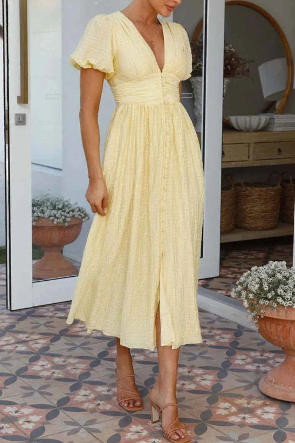 V-Neck Puff Short Sleeve Midi Dress