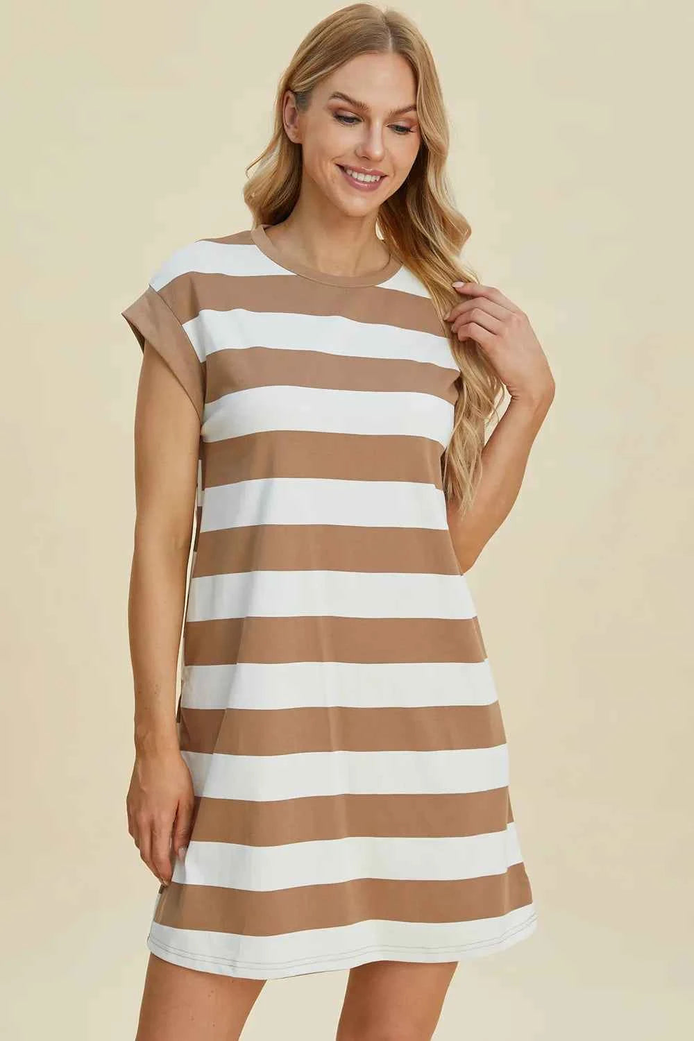 Basic Bae Full Size Striped Round Neck Cap Sleeve Mini Dress