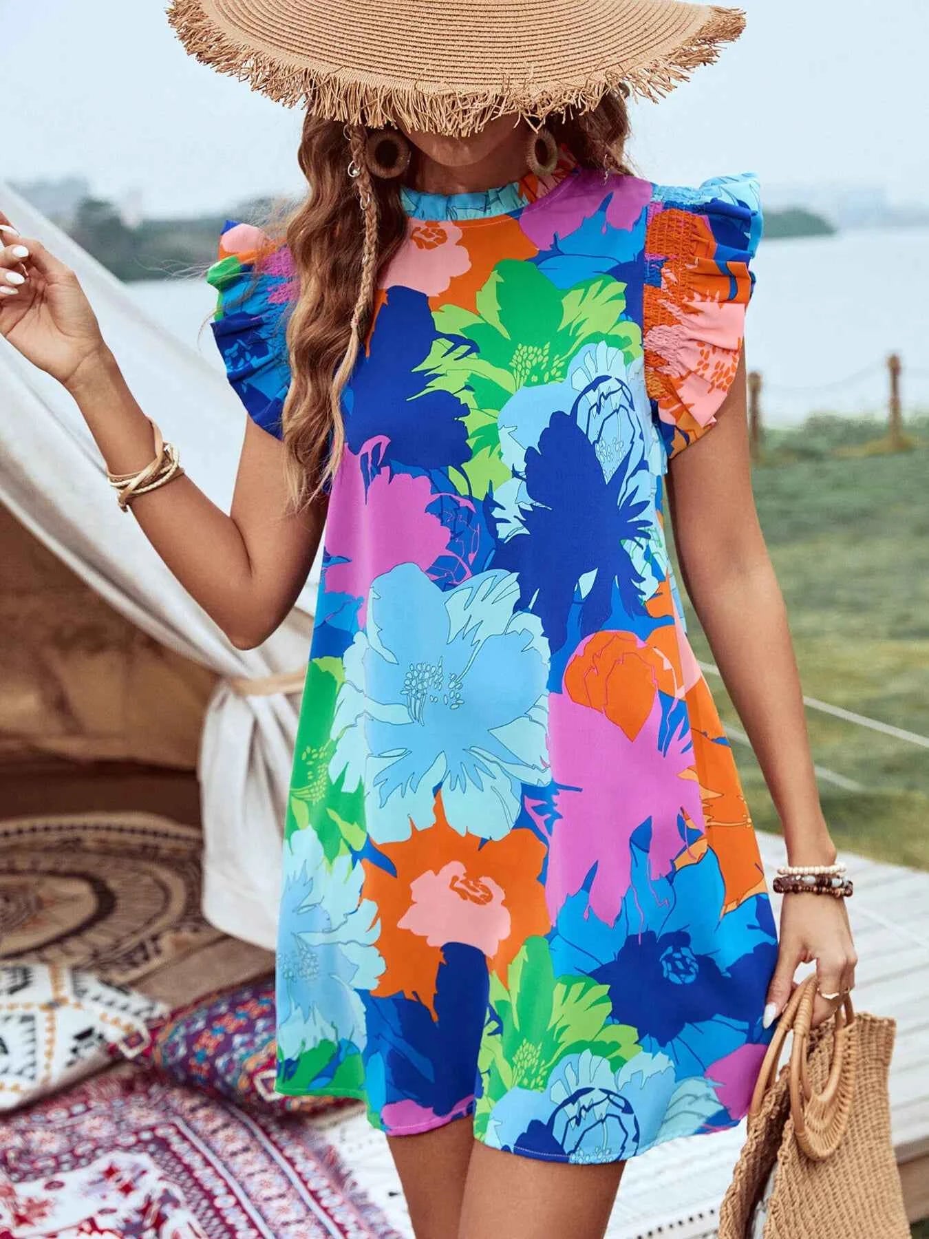 Printed Ruffled Cap Sleeve Mini Dress