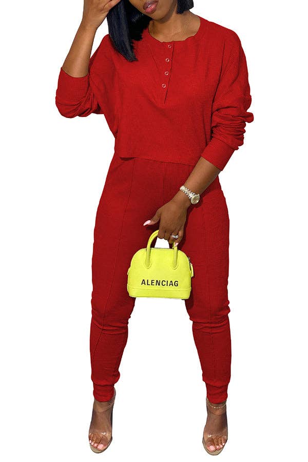 MB FASHION Casual Ribbed Loungewear Set with Button 10113