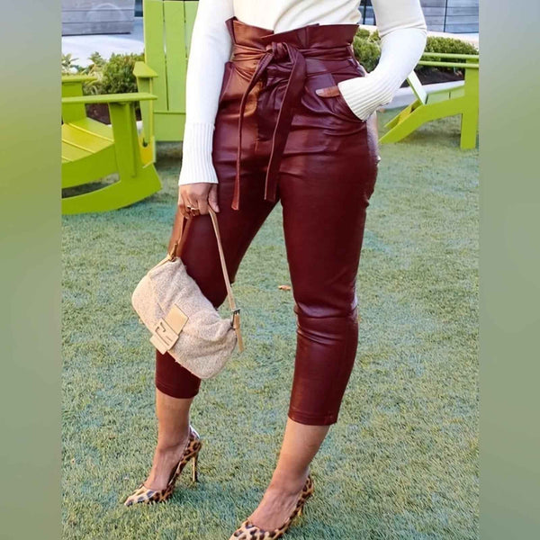 Cross-Border Women’s Fashion High-Waisted Belted Mid-Length Pants