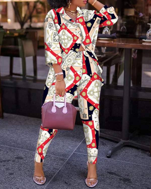 Print lantern sleeve top high waist pants set