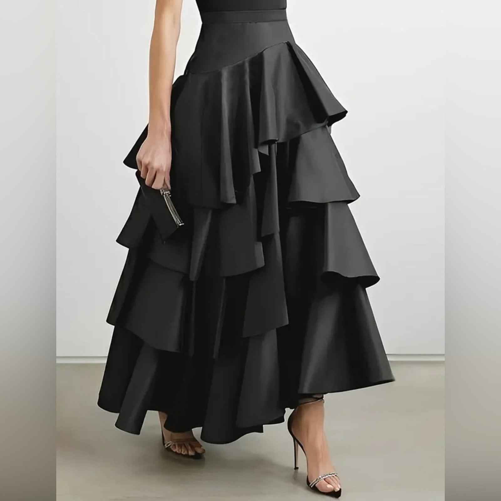 Elegant Ruffle Hem Tiered Skirt - High Waist Perfect for Womens Curvy Figure