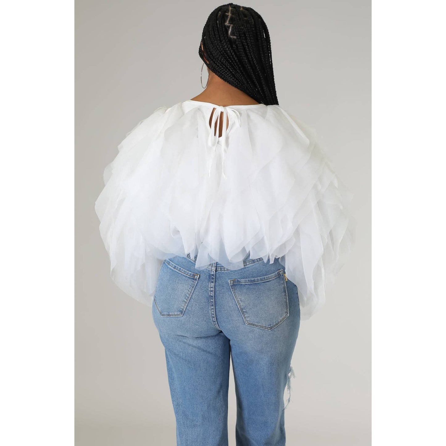Plus Long Sleeve Ruffle Tulle Crop Top Blouse