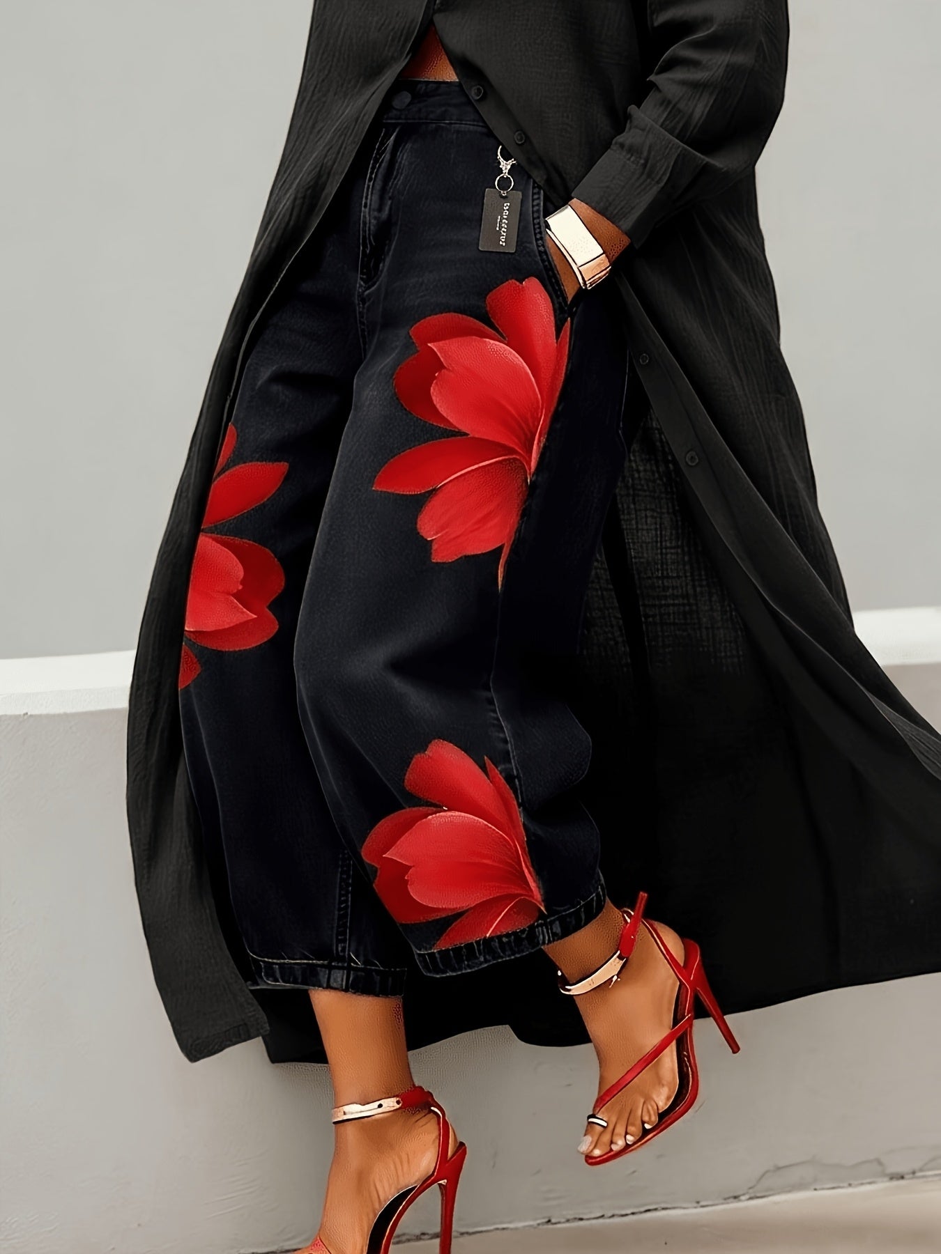 Floral Print Wide-Leg Cropped Jeans Red