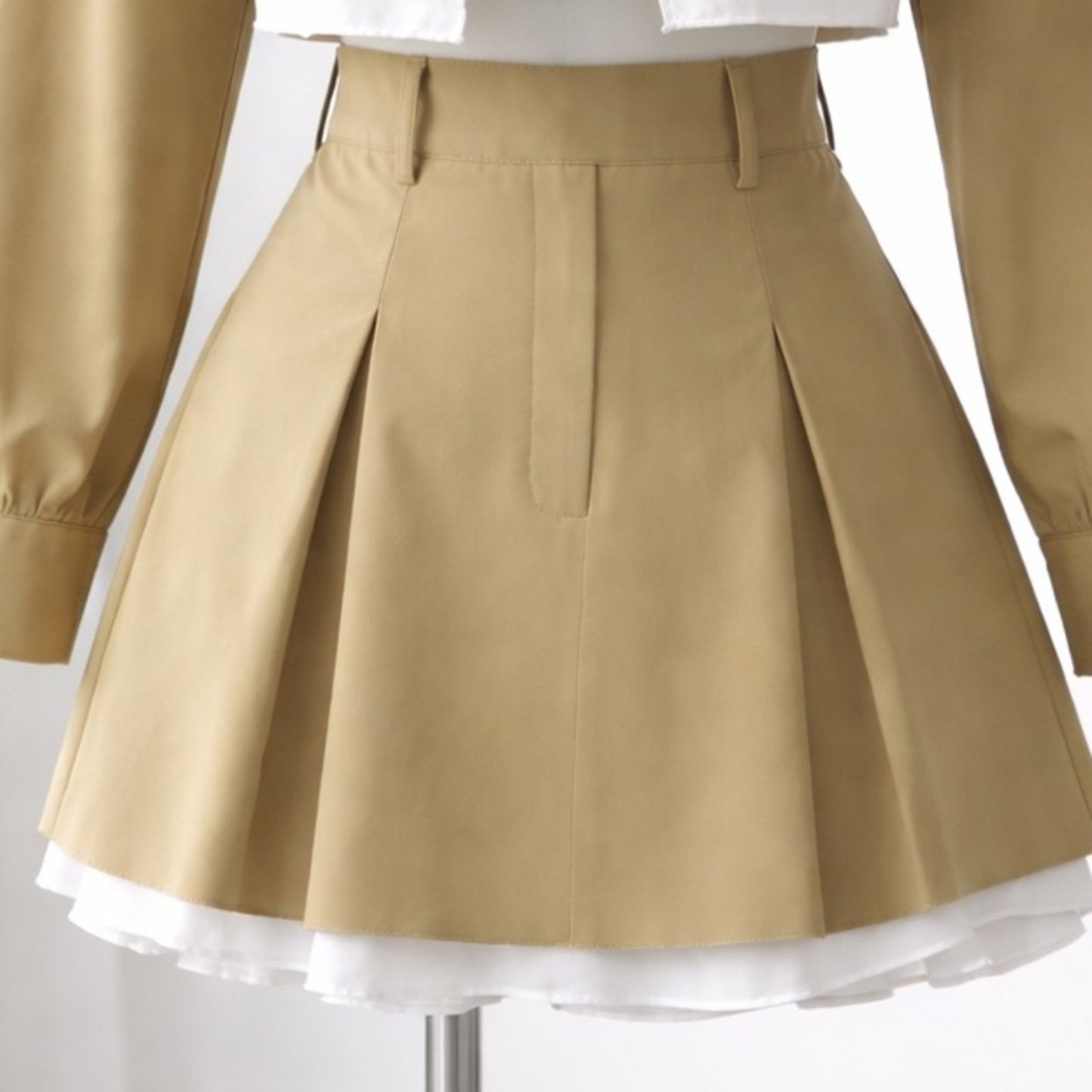 Cropped Khaki Jacket and Pleated Skirt Set - Khaki with White Trim