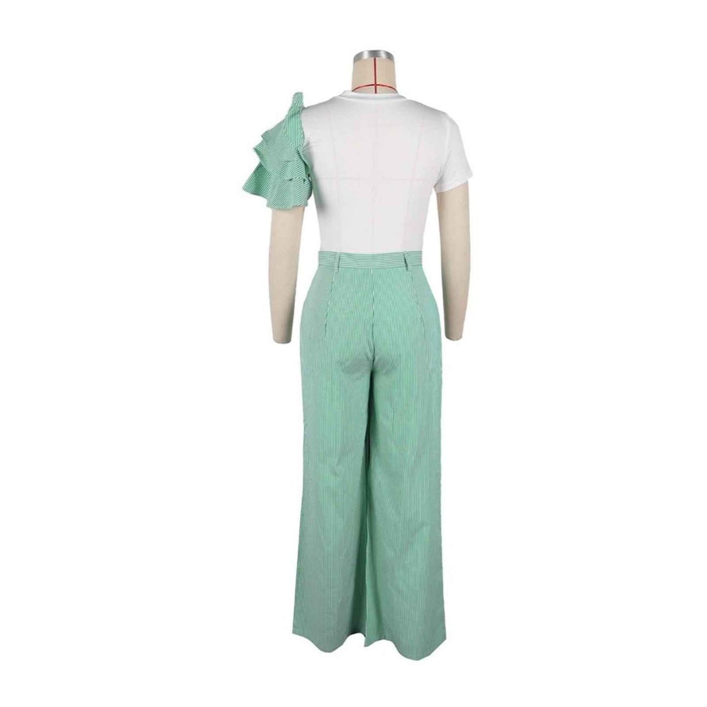 Green Chic Crew-Neck Short-Sleeved Striped Wide-Leg Pants Palazzo Set