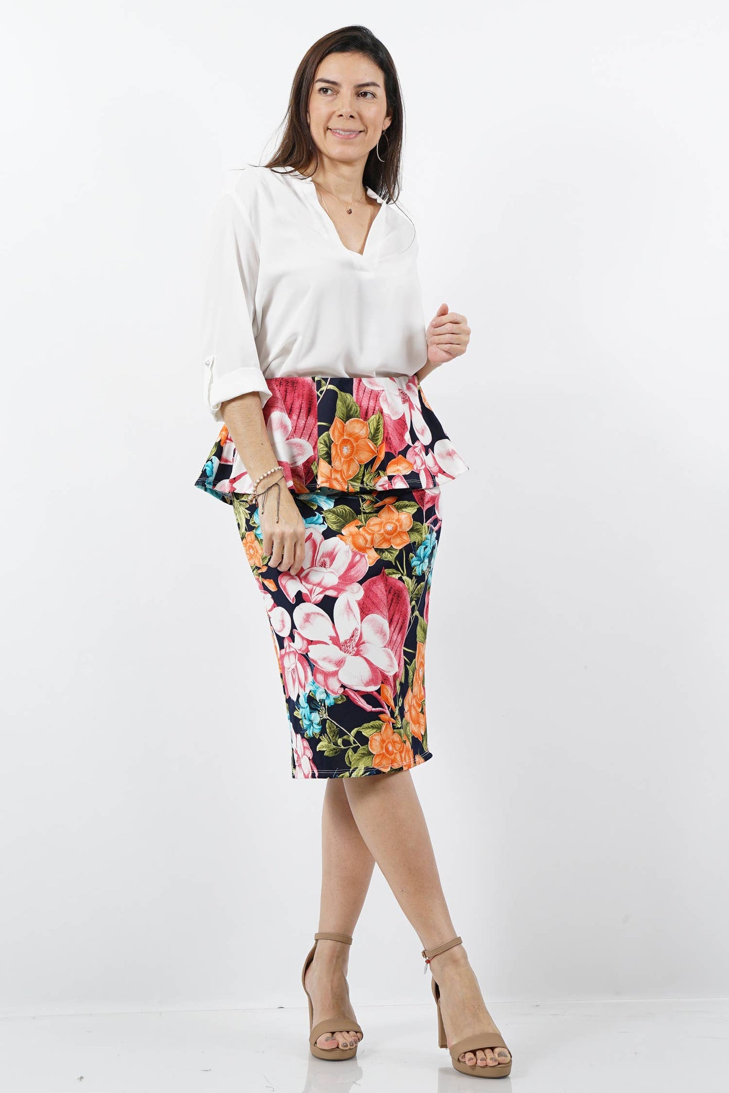 Plus Size Floral Print Peplum Pencil Skirt