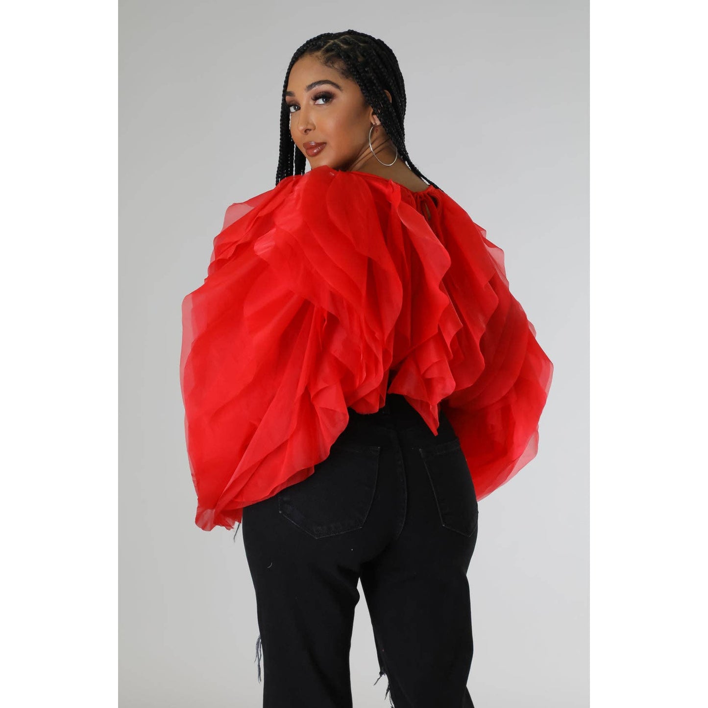 Plus Long Sleeve Ruffle Tulle Crop Top Blouse
