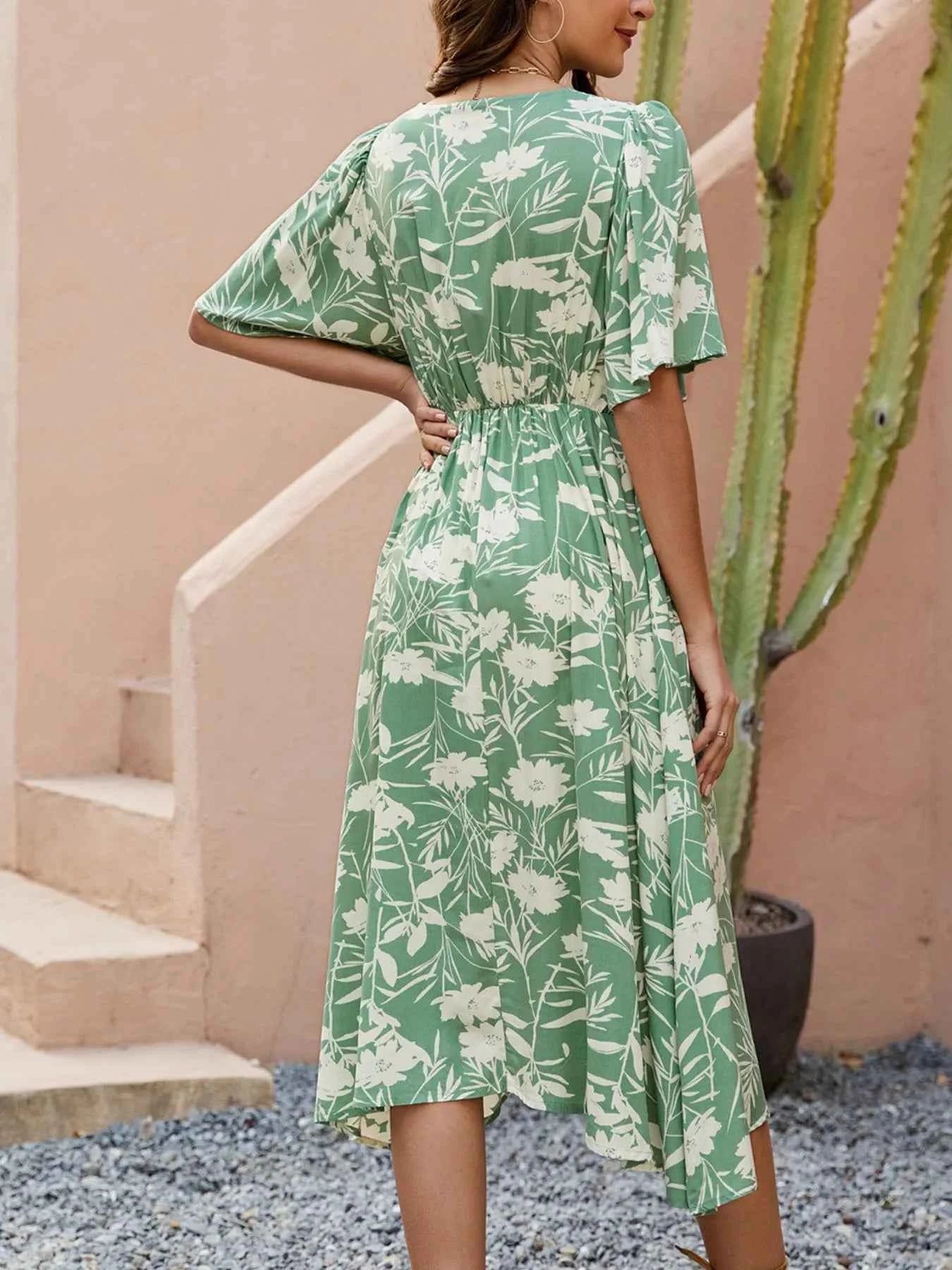 Printed V-Neck Flutter Sleeve Midi Dress