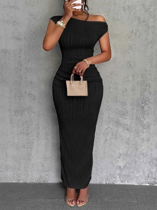 Textured Single Shoulder Bodycon Maxi Dress