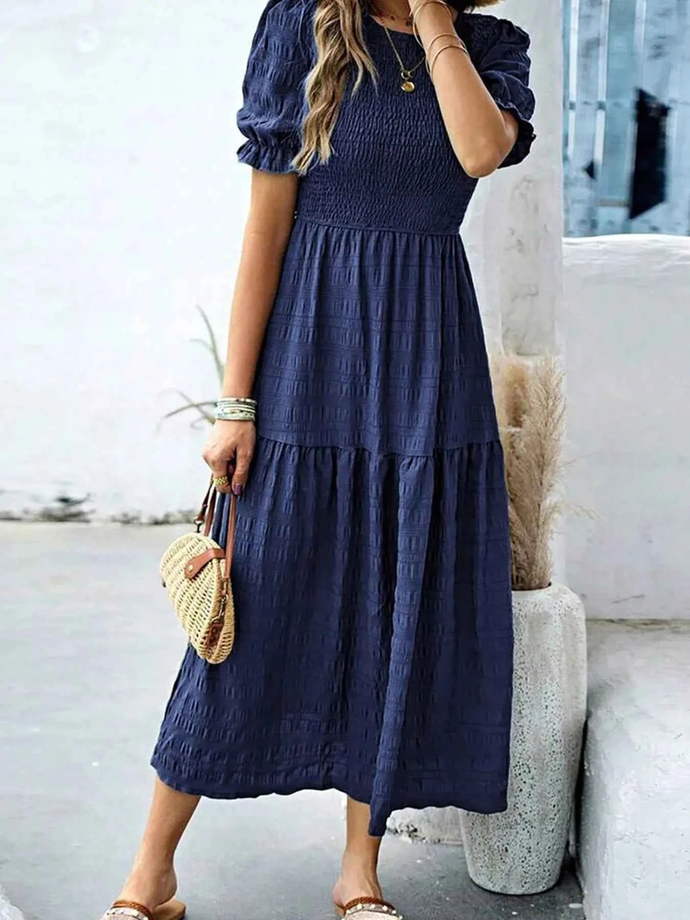 Smocked Short Sleeve Midi Dress