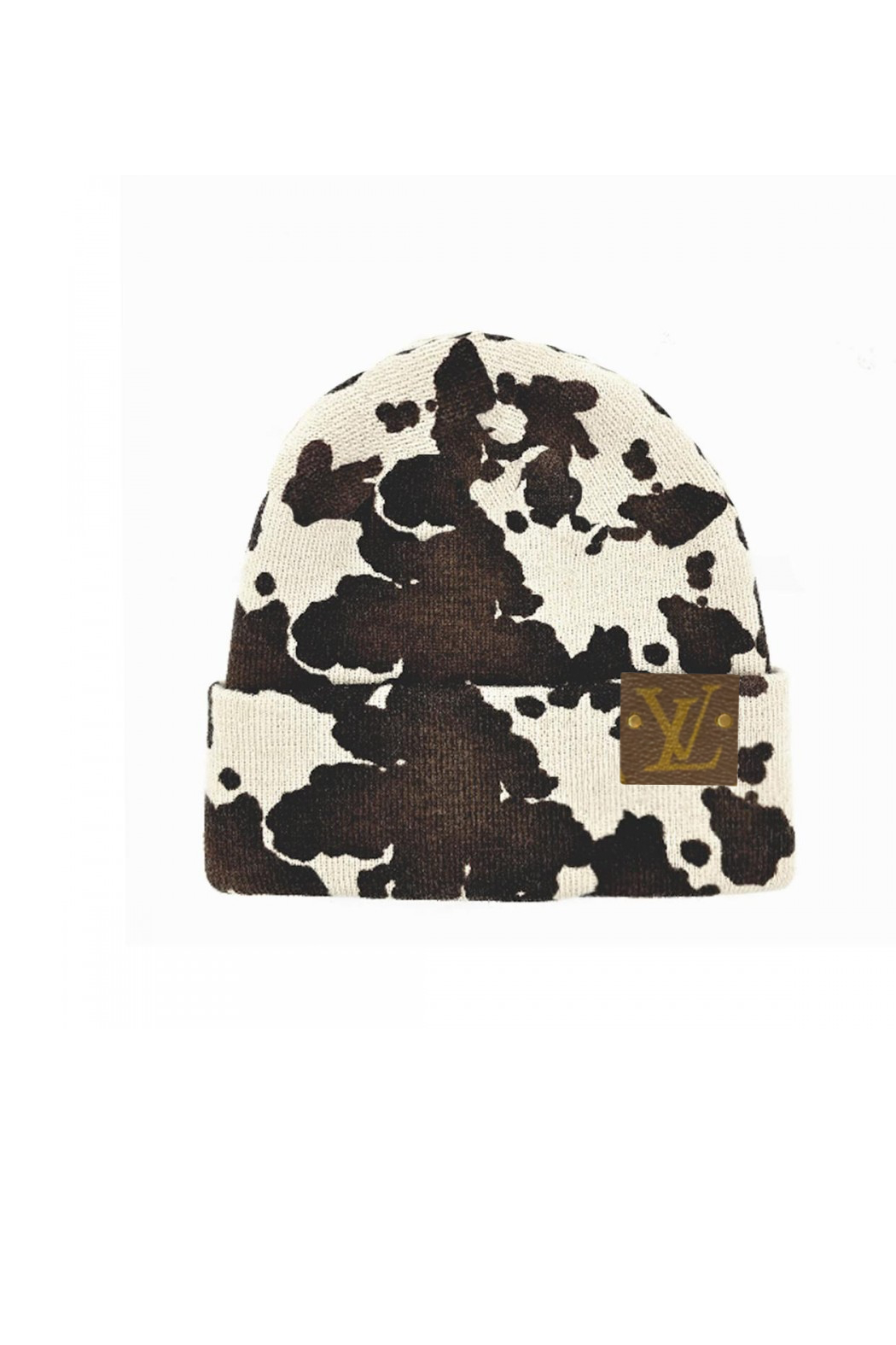 Cow print beanie with a logo on a white background
