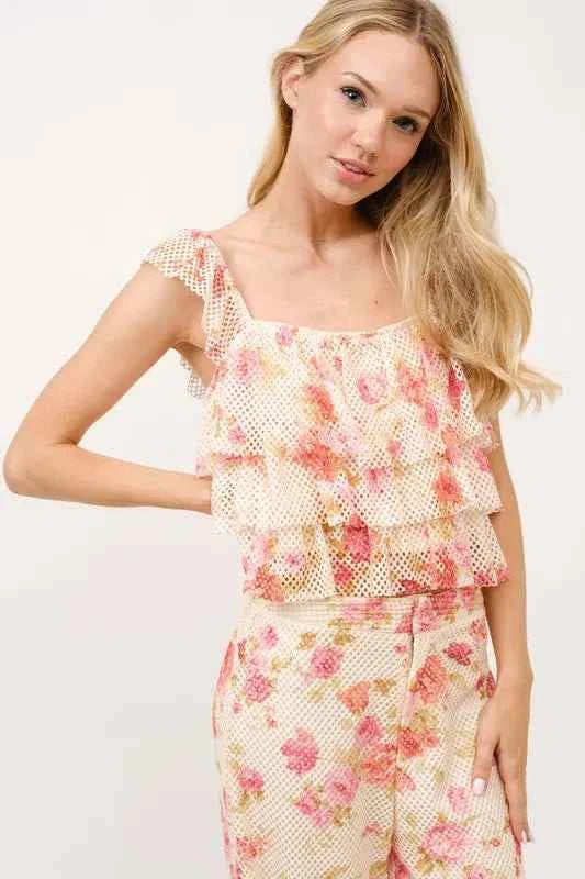 And The Why Tiered Ruffled Floral Fishnet Top
