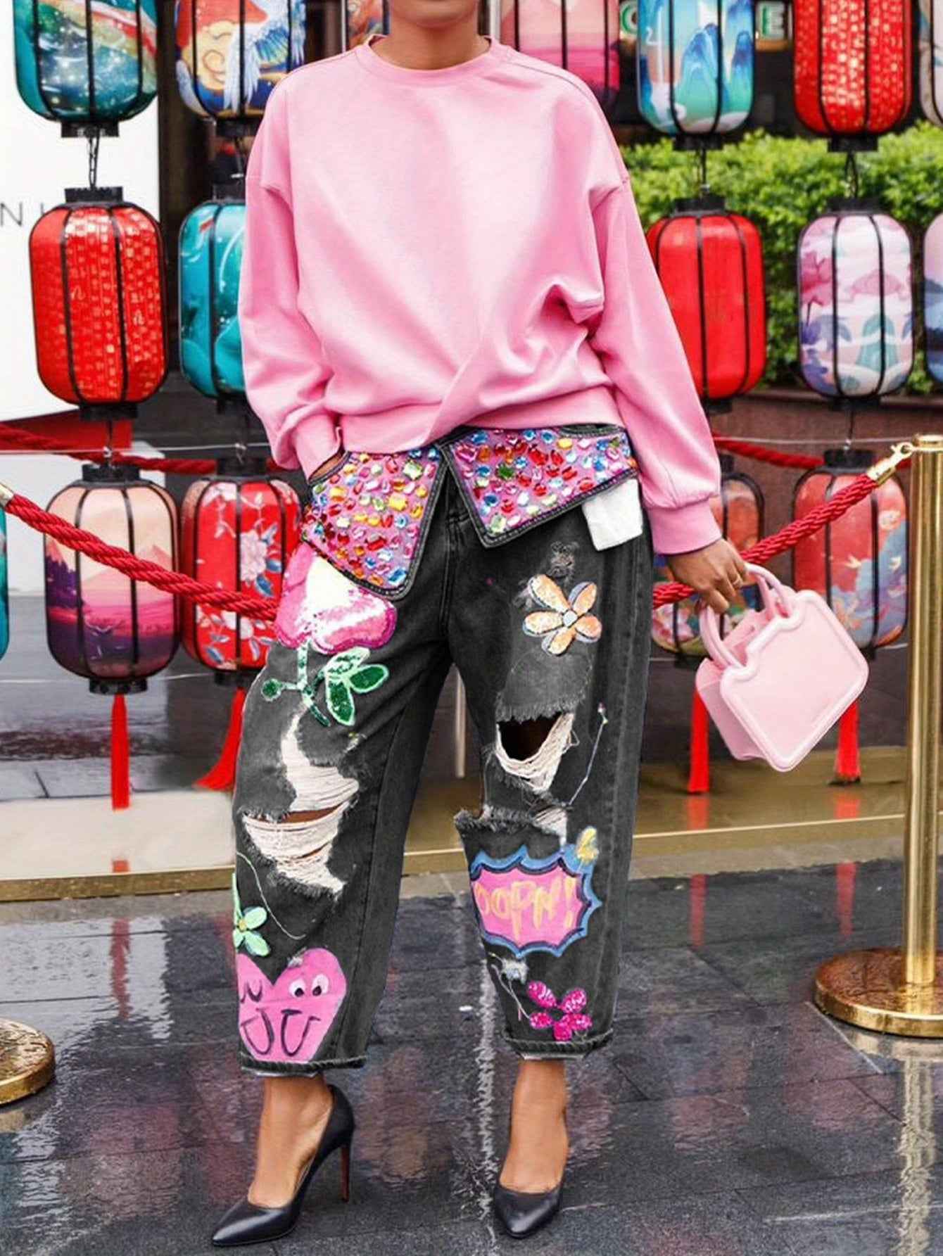 High Waist Wide Leg Rhinestone Flower Horseshoe Ripped Loose Cropped Jeans (Copy)