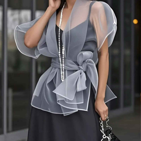 Gray Asymmetrical Tie Front Peplum Tunic