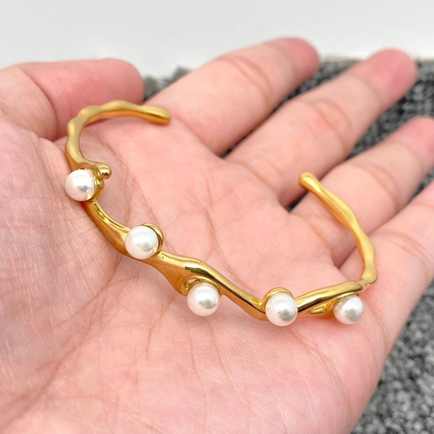 Inlaid Pearl 18K Gold Plated Irregular Adjustable Cuff - FGS