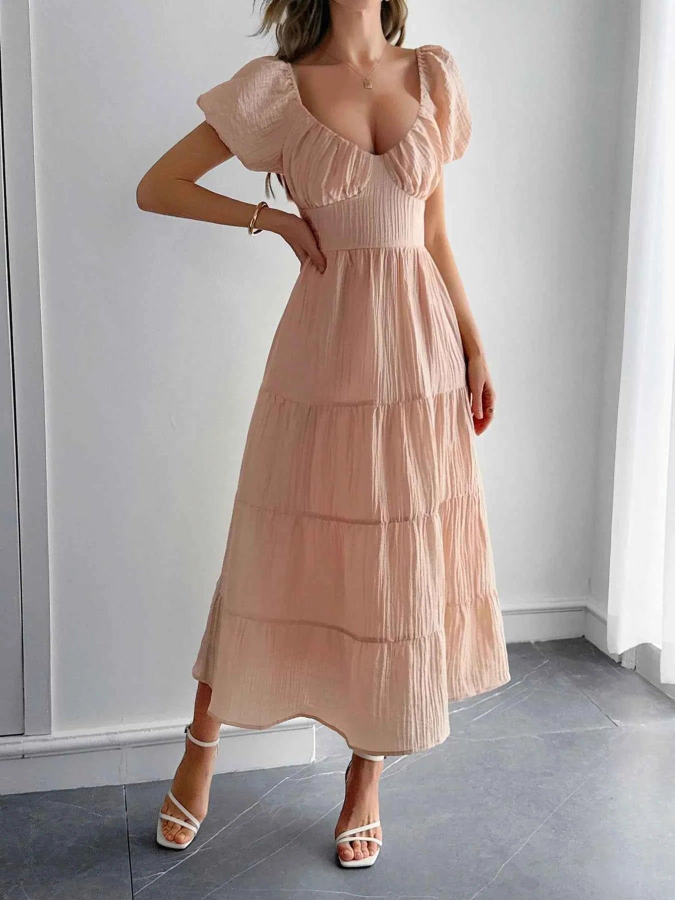 Backless Tiered Puff Sleeve Midi Dress