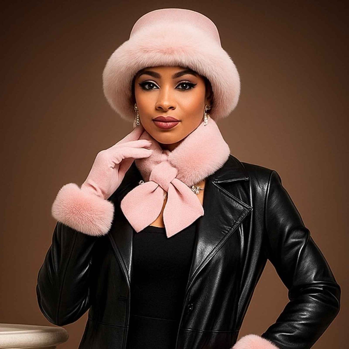 Champagne Beige Faux Fur 3-Piece Winter Set – Hat, Wrap Scarf & Gloves