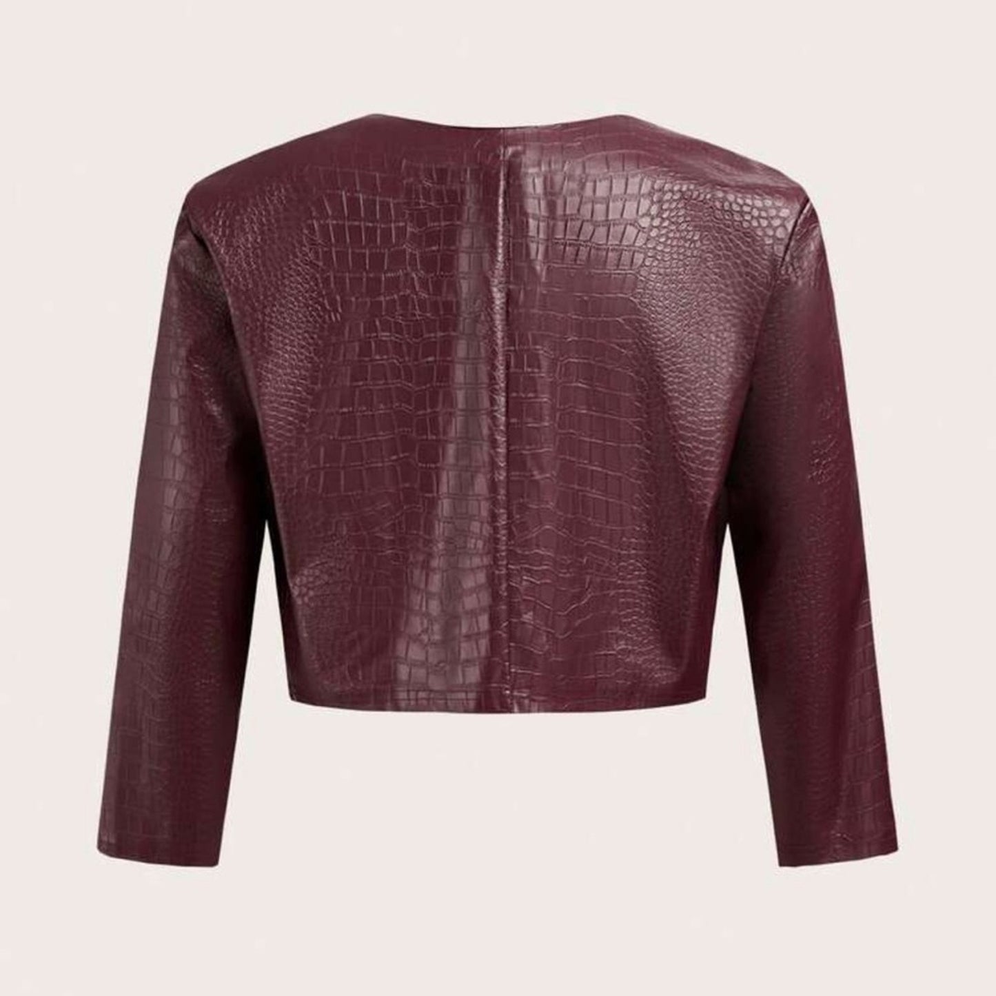 Burgundy Croc-Embossed Faux Leather Cropped Jacket