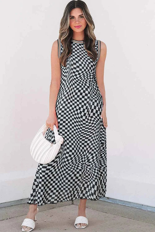 Checkered Round Neck Sleeveless Midi Dress