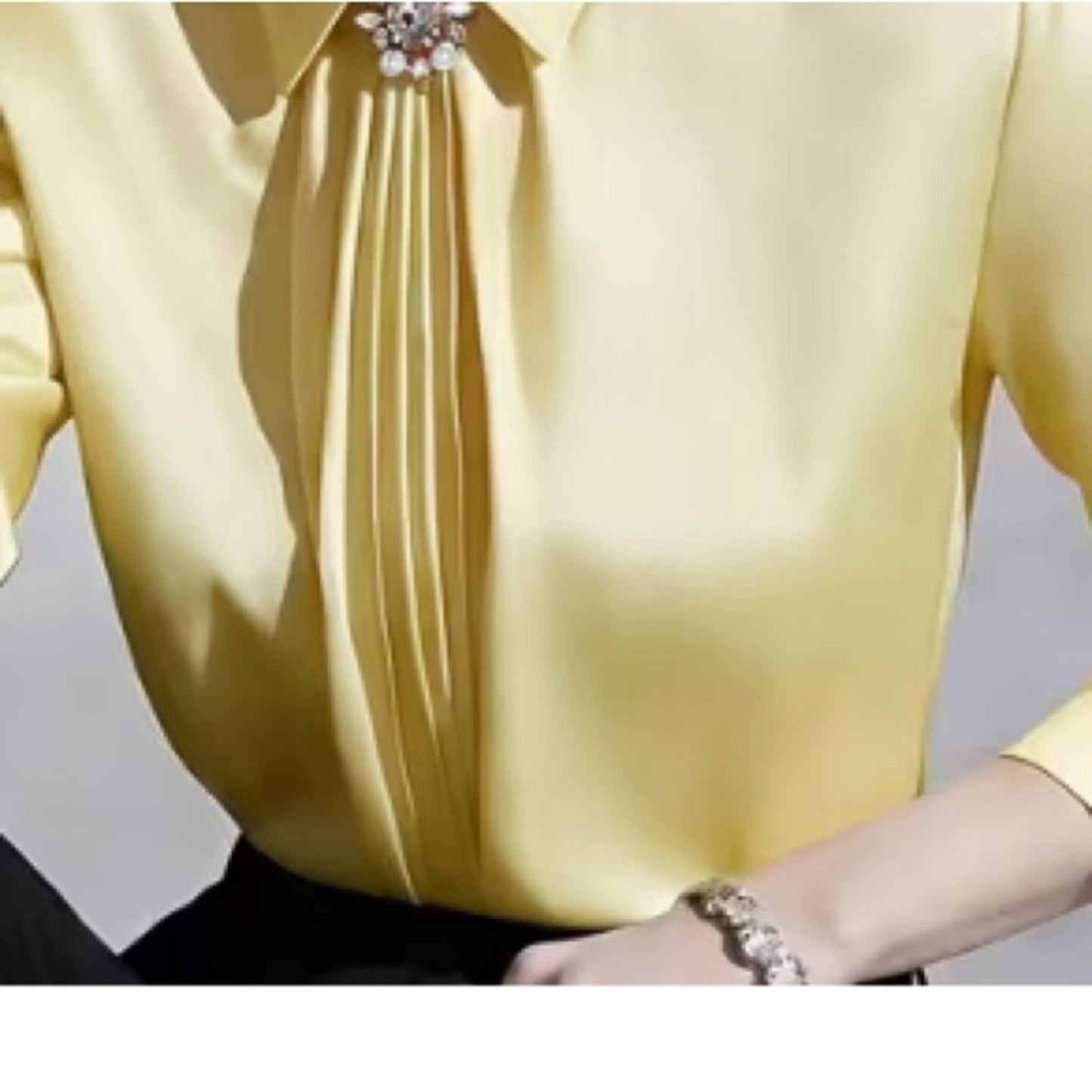Elegant Pleated Satin Blouse w/ Brooch – Soft Yellow | Long Sleeve Luxe Top M