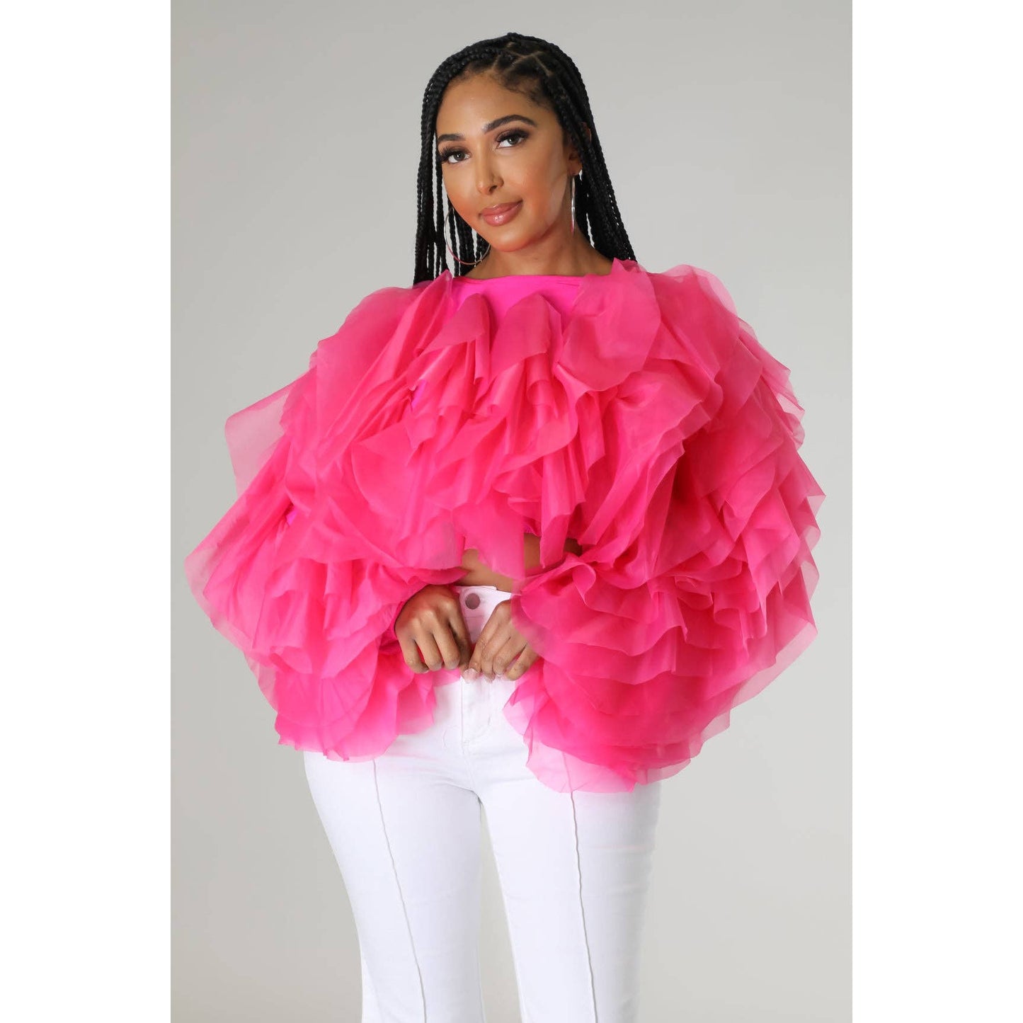 Plus Long Sleeve Ruffle Tulle Crop Top Blouse