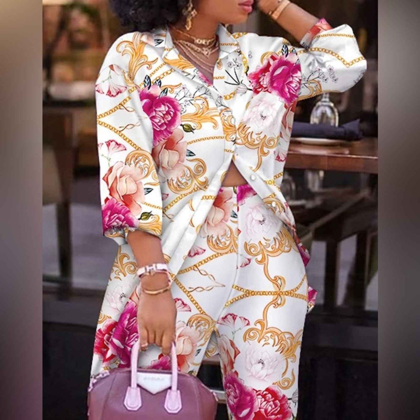 Print Lantern Sleeve Top High Waist Pants Set