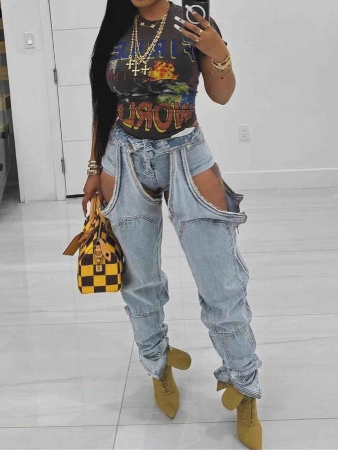 Y2K Denim Overalls Street Fashion Patchwork Ripped Casual Pants (Copy)