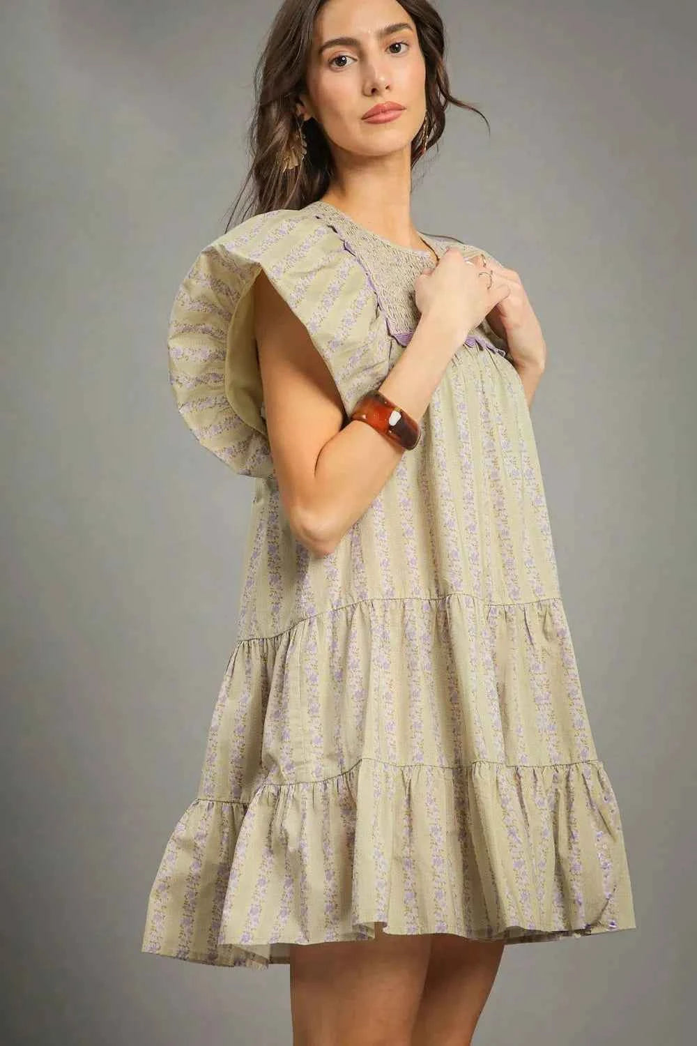 Umgee Floral Ruffled Cap Sleeve Tiered Mini Dress