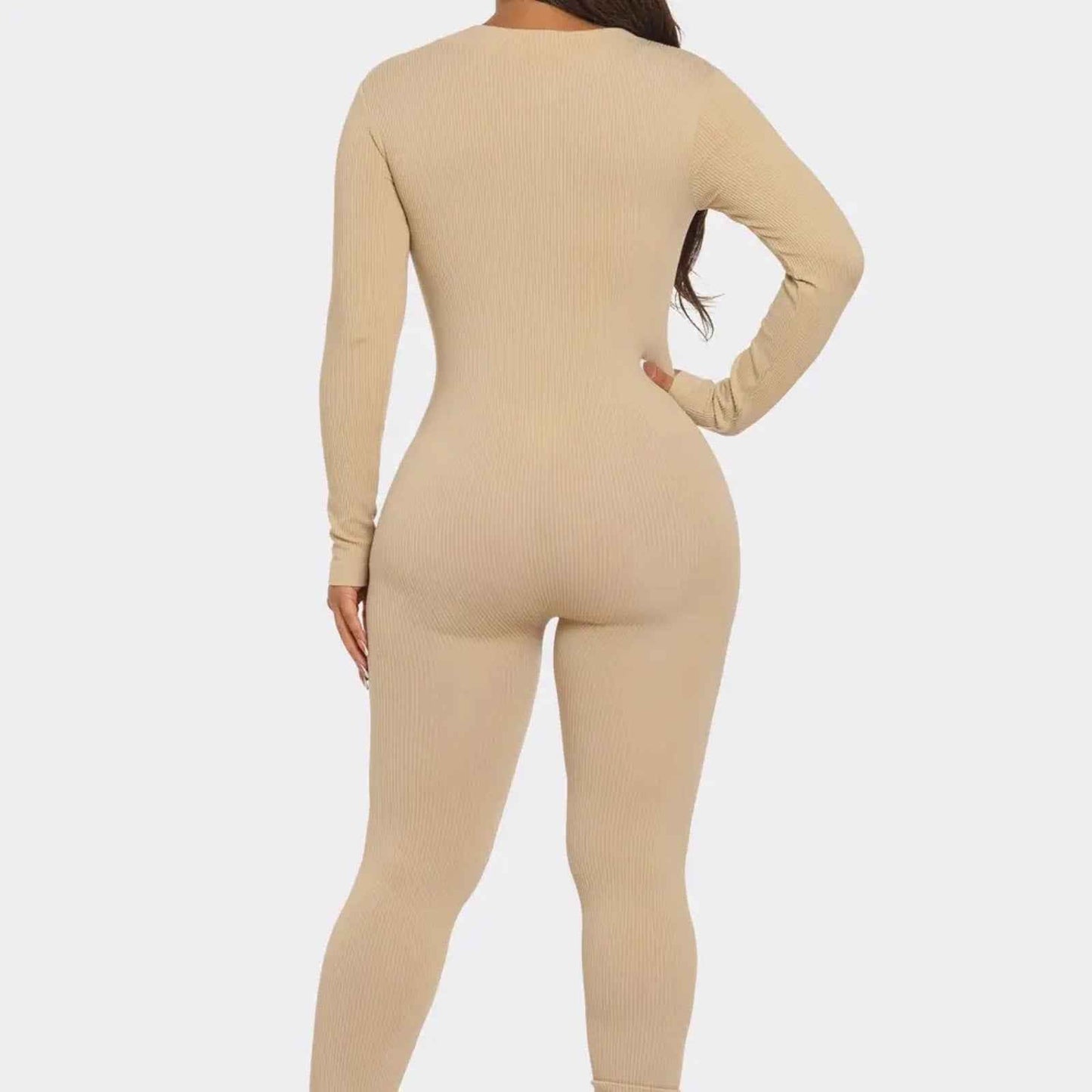 Ribbed Half Zip Long Sleeve Bodycon Jumpsuit