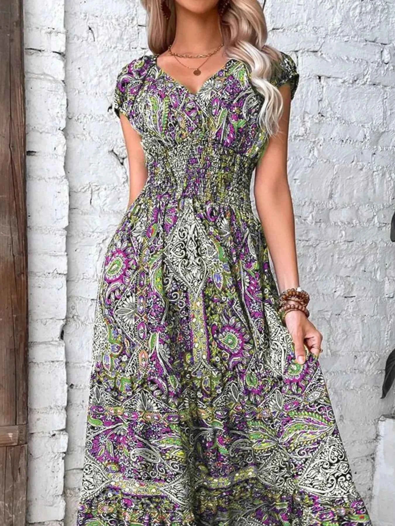 Plus Size Printed V-Neck Short Sleeve Midi Dress