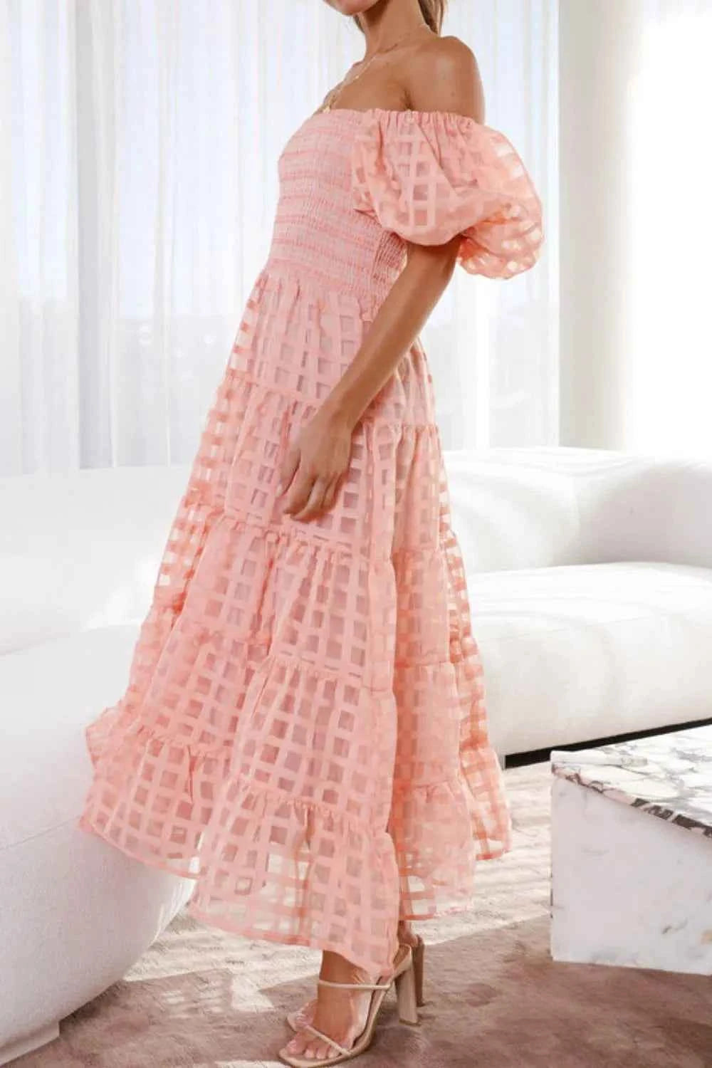 Off Shoulder Short Puff Sleeve Midi Dress