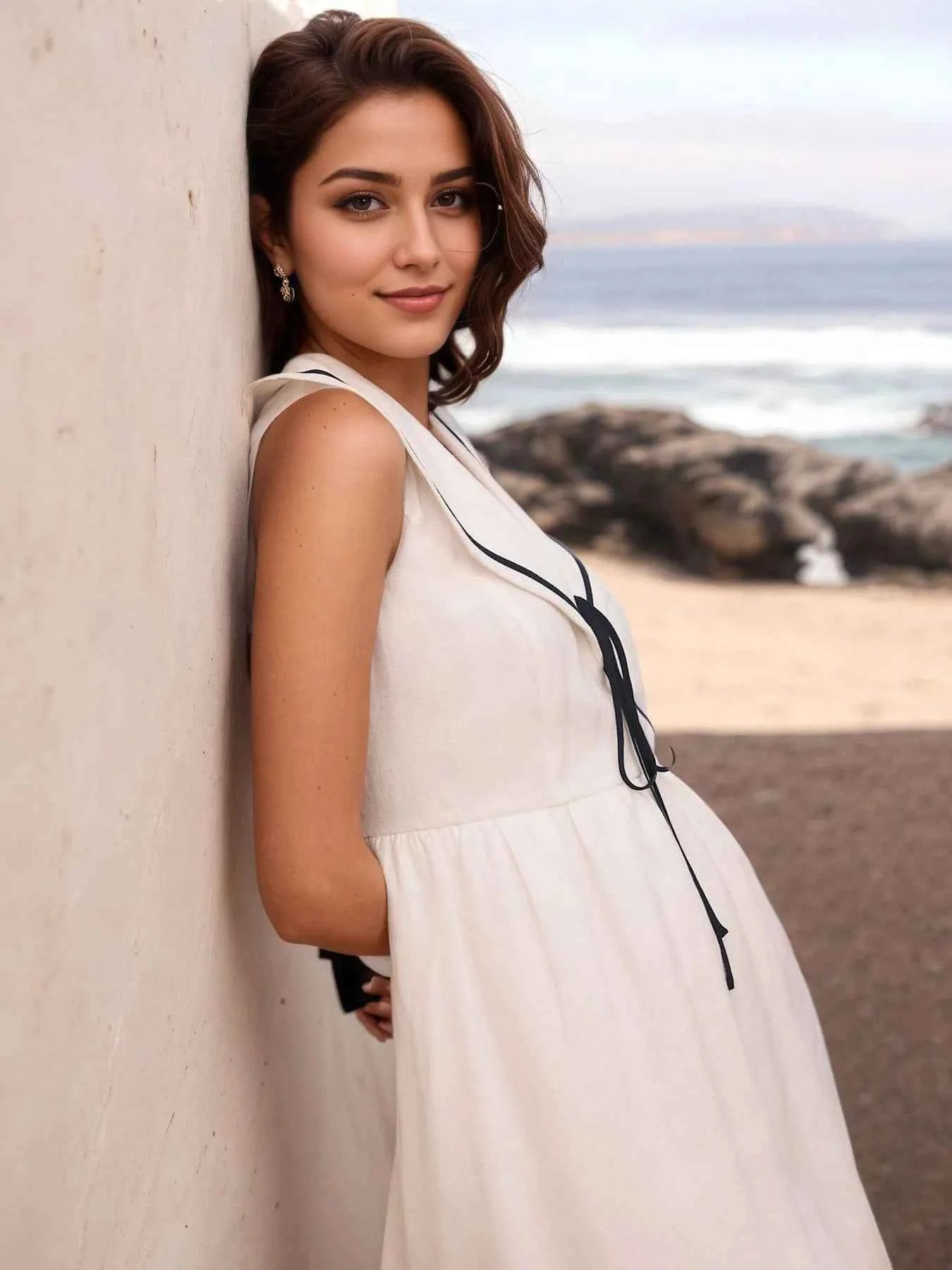 Nautical V-Neck Sleeveless Midi Dress with Contrast Trim